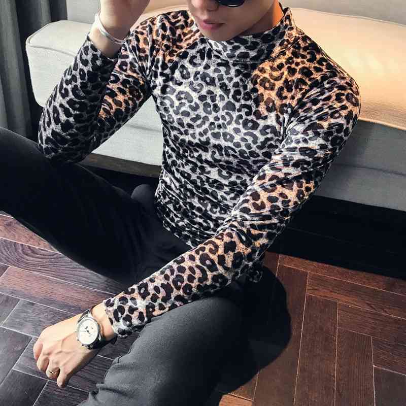 Leopard Velvet T Shirt Men Long Sleeve Casual Slim Fit Tshirt Vintage half Turtleneck Man Streetwear club Tops Tees Clothing 210527