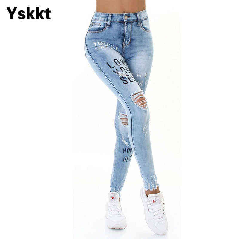 Jeans Woman High Waisted Straight Skinny Stretchy Pant Streetwear Women Letter Print Hole Washed Denim Pencil Pants Trousers 211112