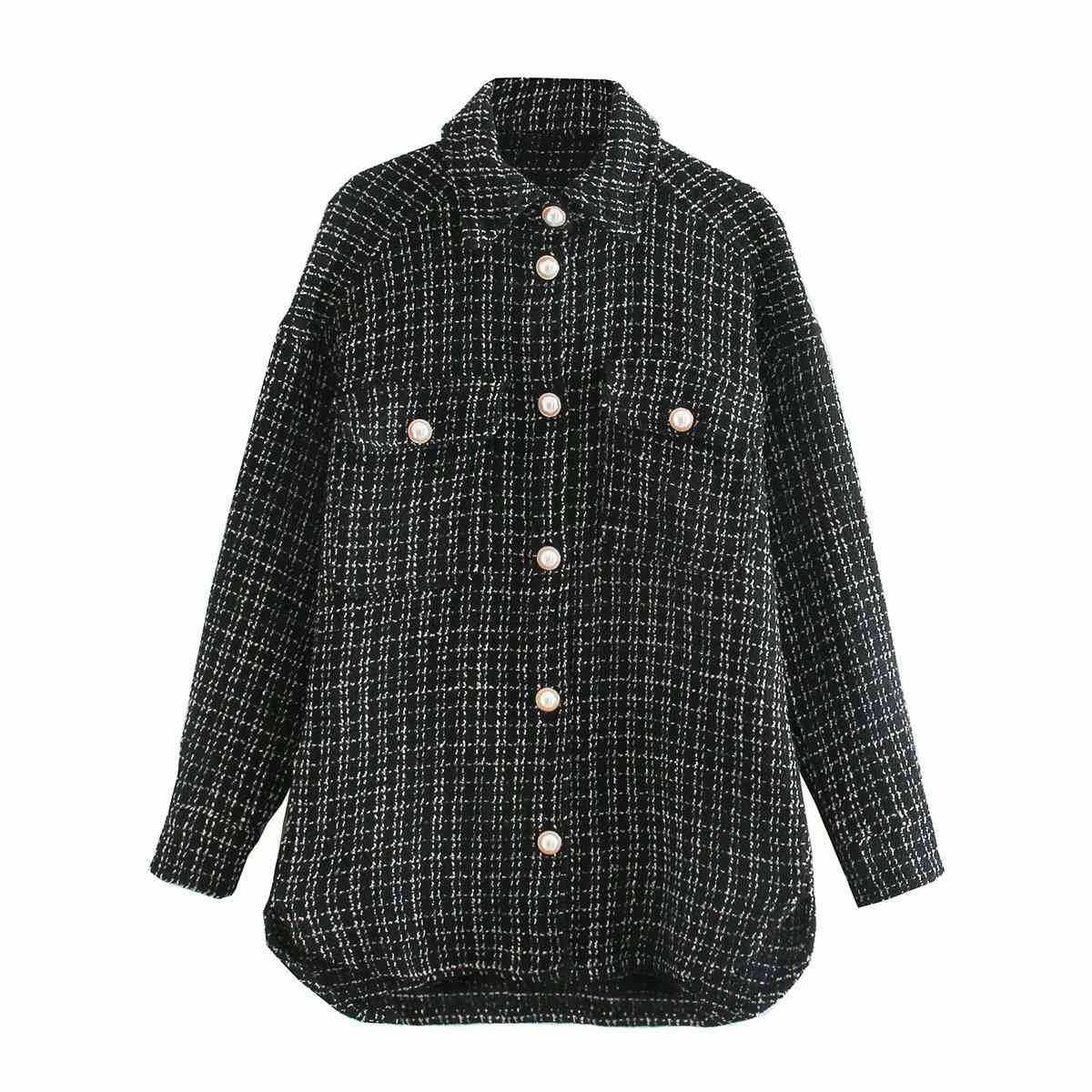 Streetwear long sleeve loose ladies jackets Casual plaid women blouse coat Buttons pockets female blend coats jakets 210508