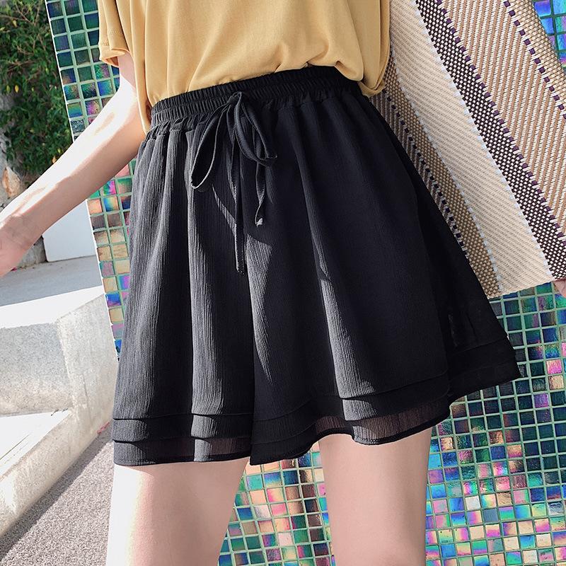 Women Summer Koren Style Chiffon Shorts Female Loose Cotton Solid Flare Elastic Waist Casual Bow Short Pants Pink Black Women's