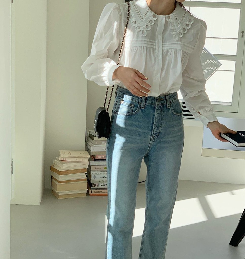 Spring Vintage Embroidery Turn Down Collar Elegant Blouse Women Single-Breasted Puff Long Sleeve Work OL Style Blusas Top 210519