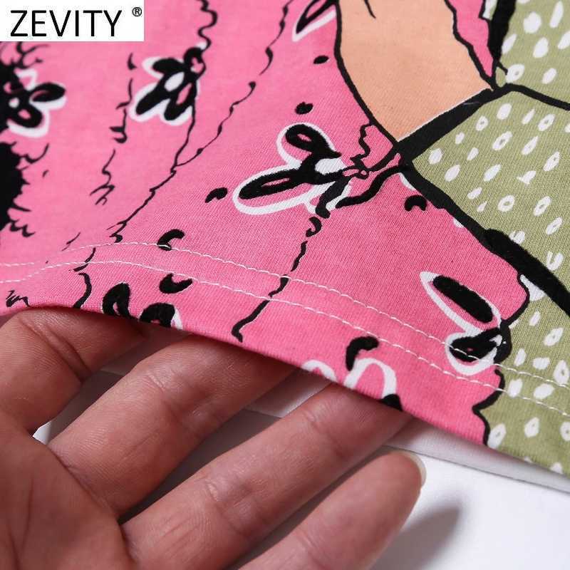 Zevity Women Basic O Neck Casual Loose Short T-shirt Female Modern Beauty Printing Chic Knitting Crop Summer Tops T691 210603