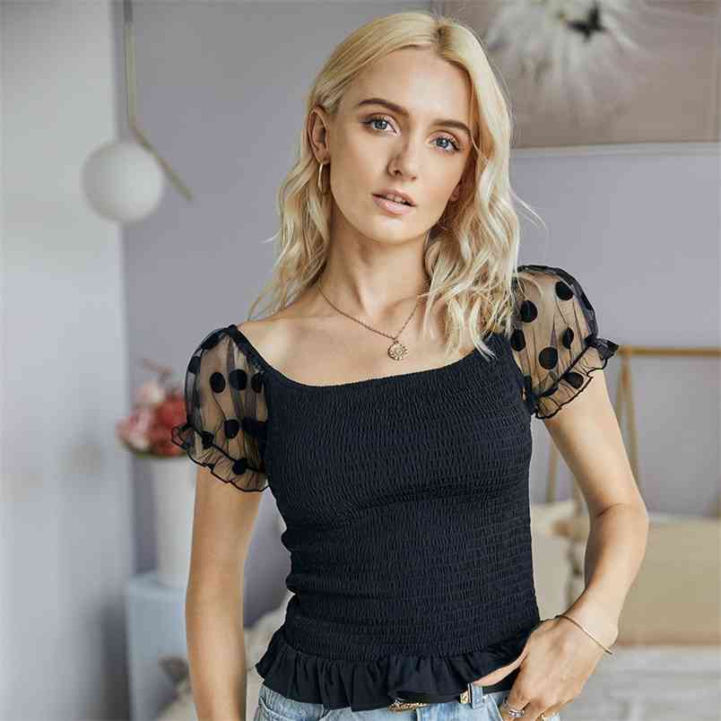 Summer Tshirt Polka Dot Sleeves Mesh Stitching Slim T-shirt Women Trendy Puff Sleeve Square Collar Wild T Shirt Female Tee 210517, Black
Summer Tshirt Polka Dot Sleeves Mesh Stitching Slim T-shirt Women Trendy Puff Sleeve Square Collar Wild T Shirt Female Tee 210517, Black