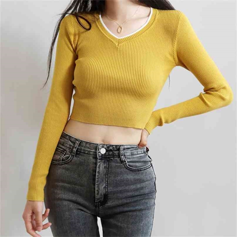 Women Contrast Colors V-neck Long Sleeve Ribbed Sweater Fitted Crop Knit Pullover 210512