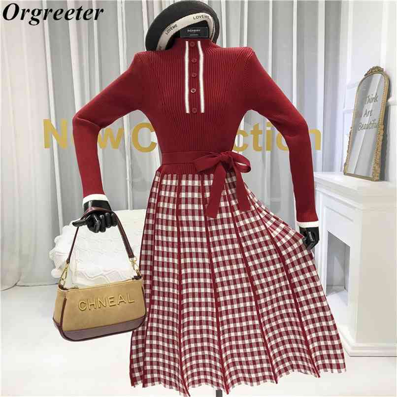 Winter Turtleneck Long-sleeved Patchwork Knitting Plaids Dress Single Breasted Bow Sashes Women Vintage Elegant 210602, Black
Winter Turtleneck Long-sleeved Patchwork Knitting Plaids Dress Single Breasted Bow Sashes Women Vintage Elegant 210602, Black