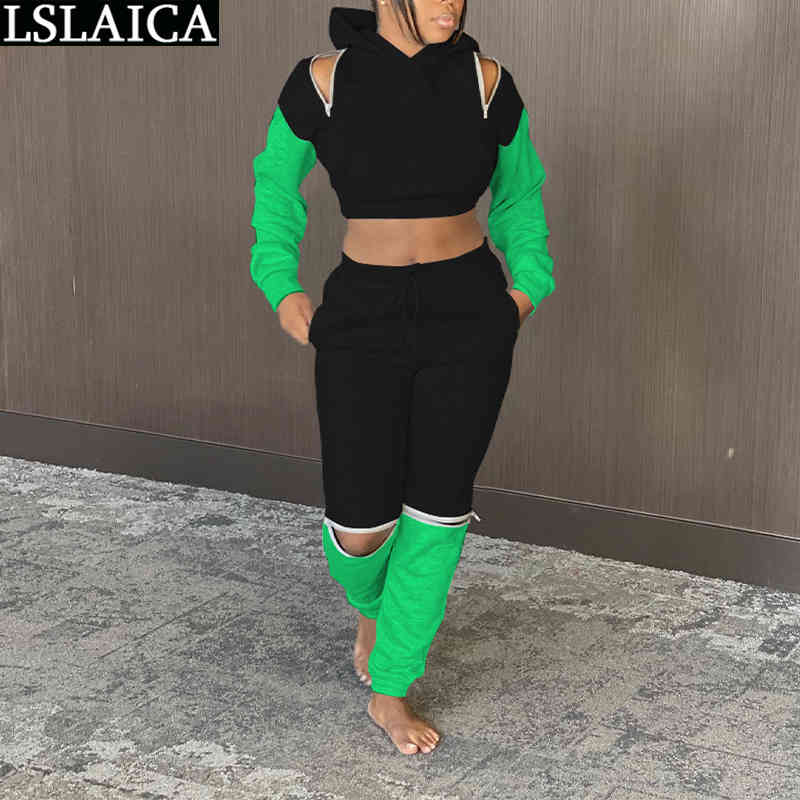Fall Clothes for Women Two Peice Set Color Matching Hooded Long Sleeve Crop Tops Full Length Pants Sets Casual Tracksuit 210520