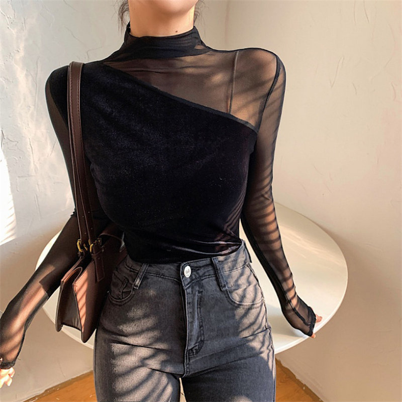 Autumn Velvet Large Size Women Arrival Patchwork Full Sleeves Mesh Sexy Female Basic Brief Tops T-shirt 210421