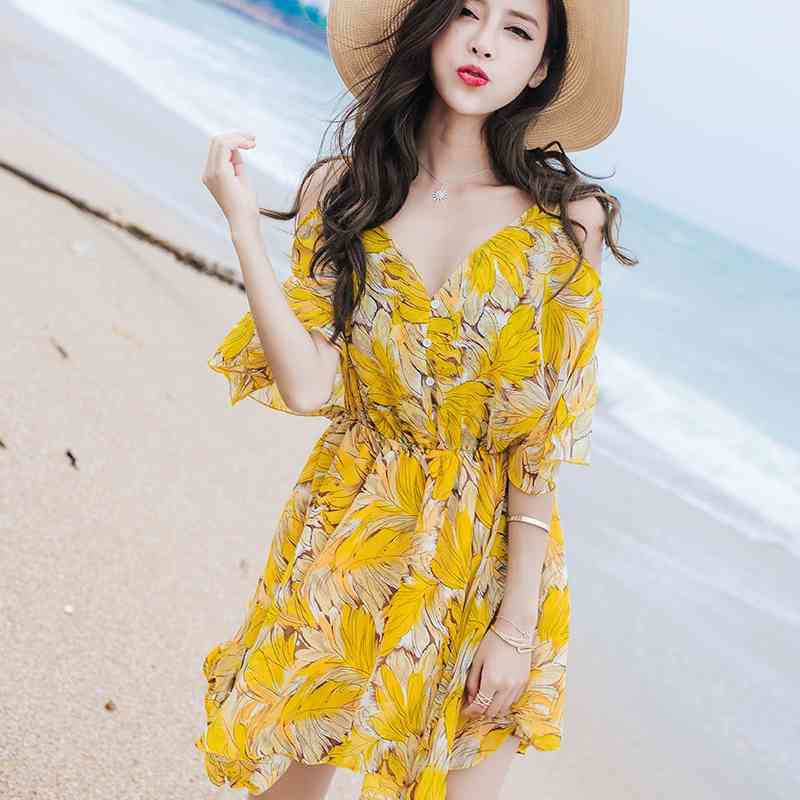 Spring Summer Holiday Chiffon Women Dress Sweet Casual Loose Strapless Strap Floral Beach Female Short Dresses 0067 30 210506