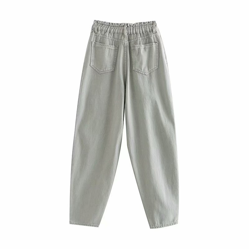 Vintage High Waist Jeans Women Paperbag Pants Streetwear Elastic Pleated Denim Trousers Casual Long Pocket Mom 210515