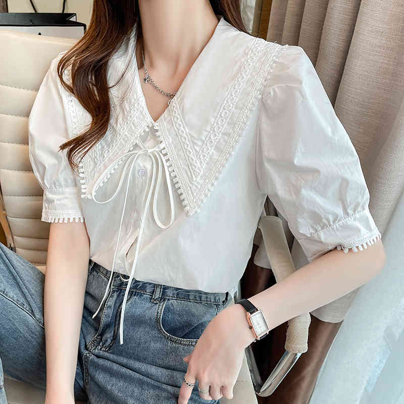 Comelsexy Spring/Summer Peter Pan Collar Blouse Women's Simple Lace Solid Color Short Sleeve Shirt Ladies Sweet Tops 210515