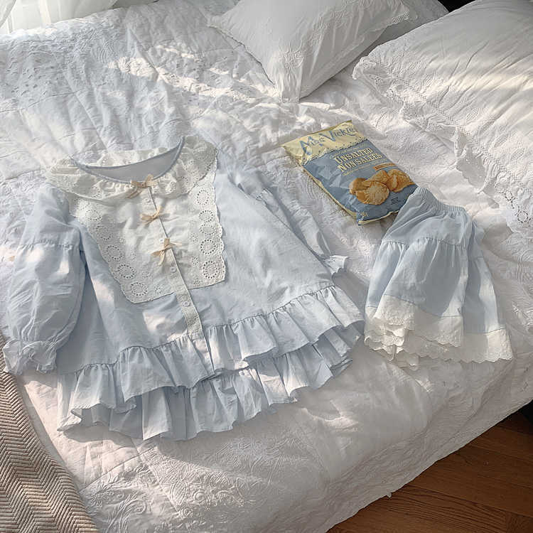 Women's Lolita Princess Lace Pajama Sets Cotton Tops+Shorts.Vintage Ladies Girl's Lace Pyjamas set.Summer Sleepwear Loungewear 210924