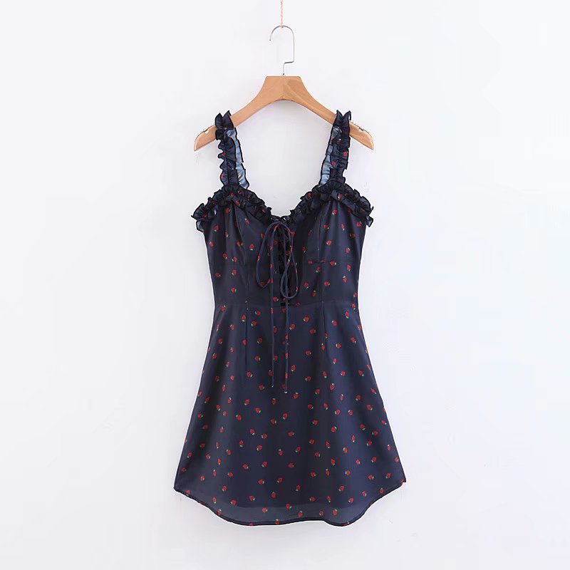 women Summer Dress Sexy front lace-up chiffon beach Vintage boho ruffle spaghetti strap mini dress korean vestidos 210521