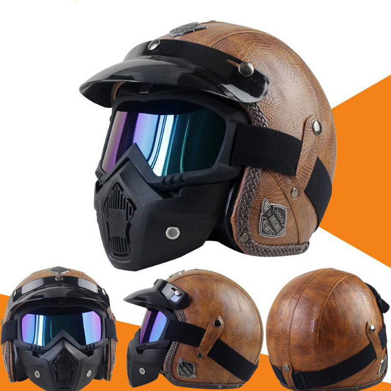 PU Leather Motorcycle Helmets Chopper Bike Half Helmet Open Face Vintage Motorcycle Goggle Mask ATV Moto Helmets