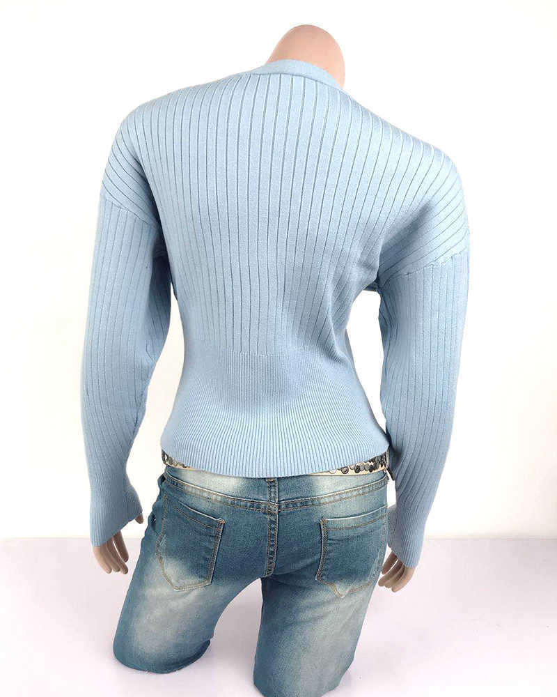 Cropped Sweater Sexy V-neck Ribbed Knit Fall Winter Single Breasted Tops for Women Full Sleeves Slim Fit Pink Blue Trui 210604