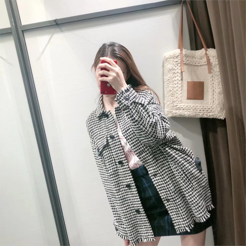 Vintage tassels oversized tweed jacket women winter casual loose button plaid coat ladies office outwear 210521