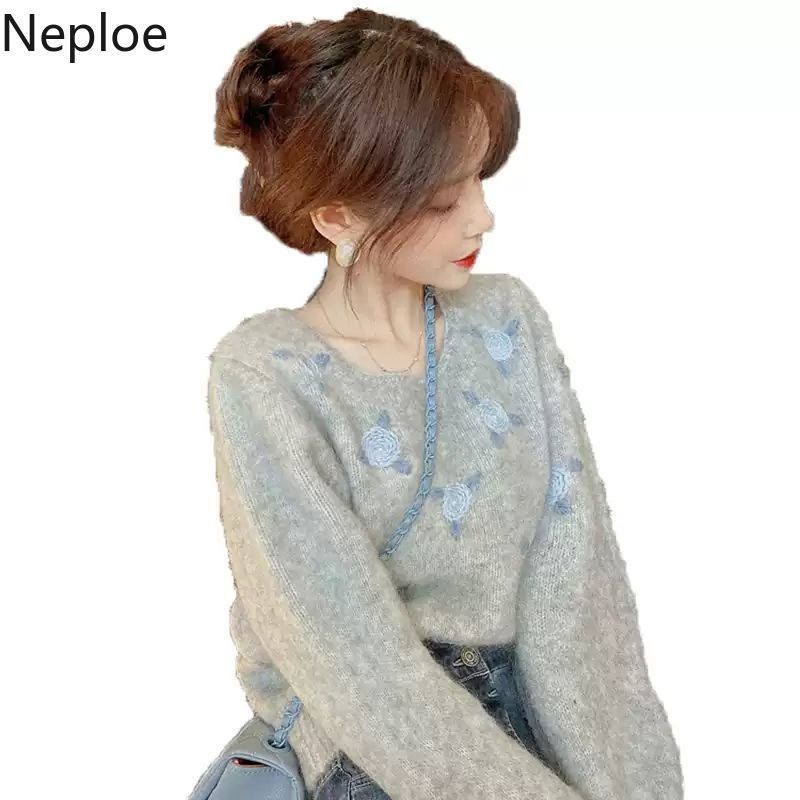 Neploe Korean Woman Sweater Pull Femme Fashion Crochet Embroidery Flower Pullover Vintage Long Sleeve Knit Tops Women Clothes 210422