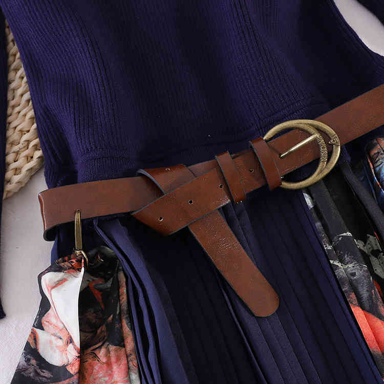 Elegant Knitted Pleated Dress Women Long Sleeve Vintage Blue Print Sweaterer Slim Midi Autumn 210506