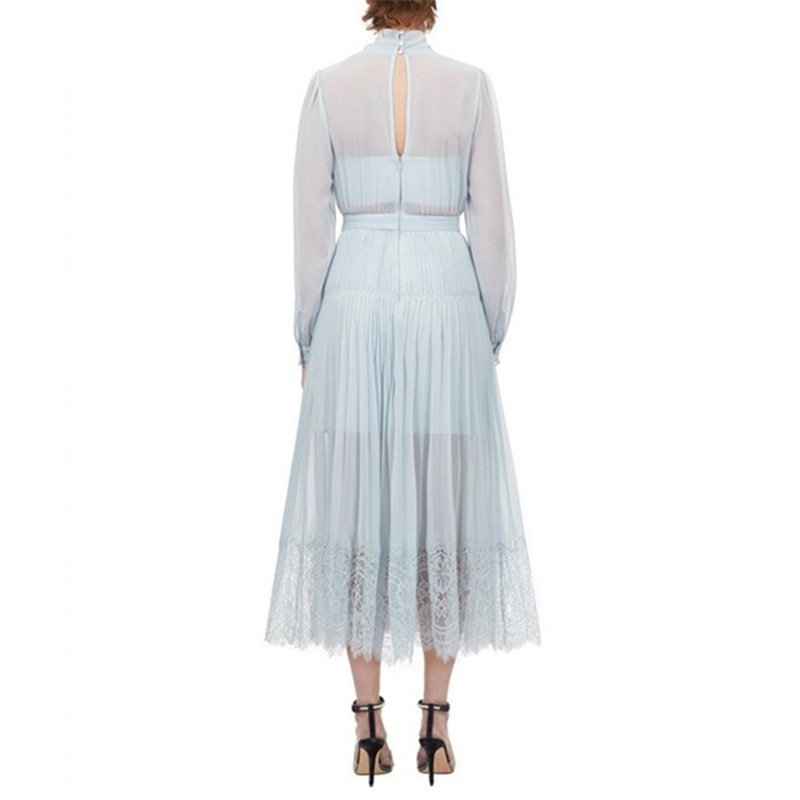 Arrival Autumn Vintage Elegant Chiffon Lace Long Dress Women Sleeve Bowknot Collar Pleated Dresses Vestidos 210520