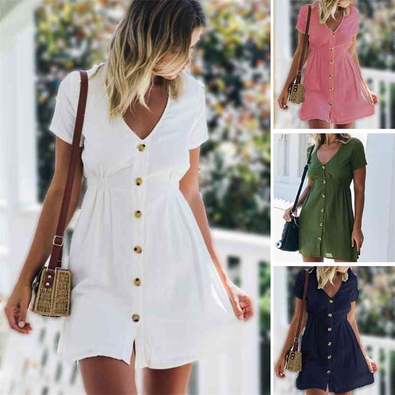 Women's Dress Spring/Summer Pure Color Single Row Buttons V-Neck Dress Women Slim High Waist Casual Dress Vestido 210331Z