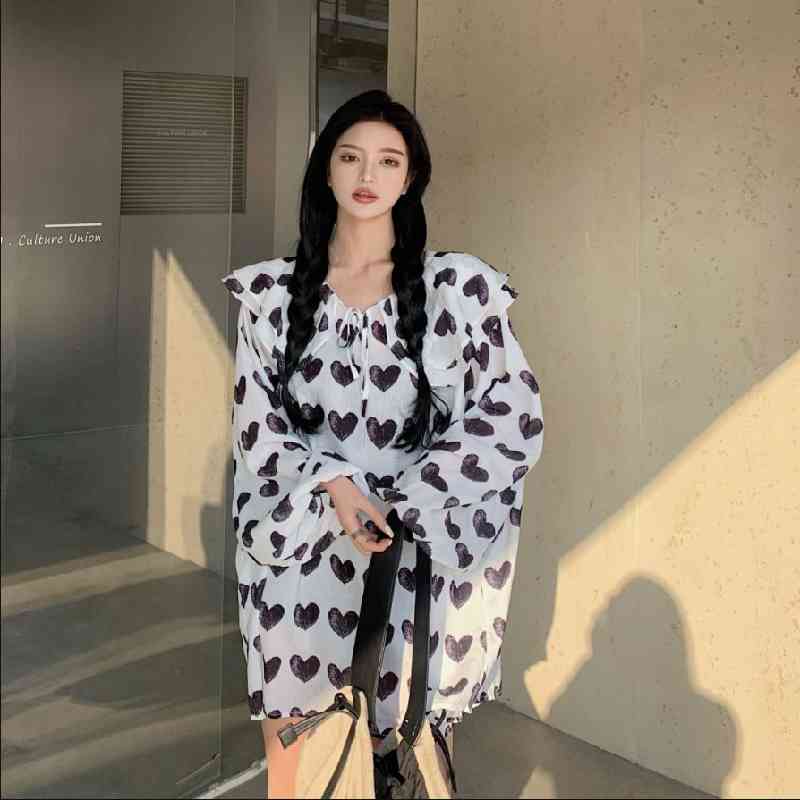 Nomikuma Korean Love Heart Printed Chiffon Blouse Shirt Causal Lantern Sleeve Peter Pan Collar Oversized Women Top Blusas 6F182 210427