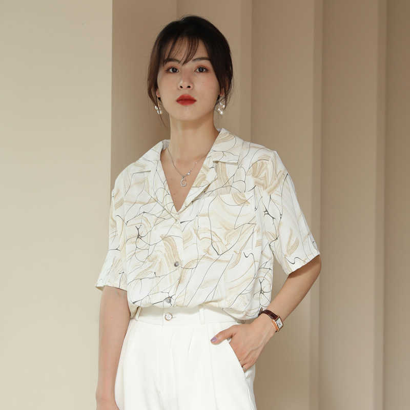 Lapel Chiffon Blouse Women Summer Fashion Shirt Female Short Sleeve Korean Style Loose Elegant Single-breasted Top Plus Siz 210601