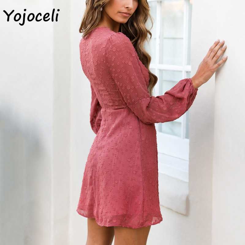 Yojoceli sexy autumn long sleeve chiffon jacquard dres v neck mini female vestidos 210609