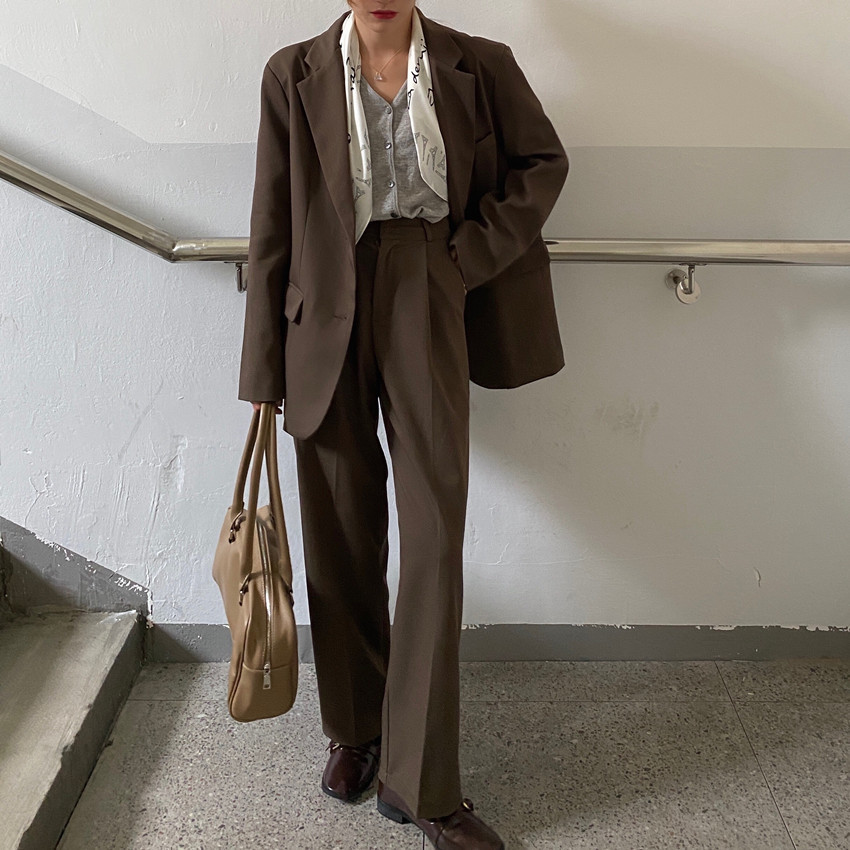 Fashion Vintage Blazer Pants Suit OL Elegant Business Wear Blazers + High Waist Wide Leg Suits 2 Piece Set 210421