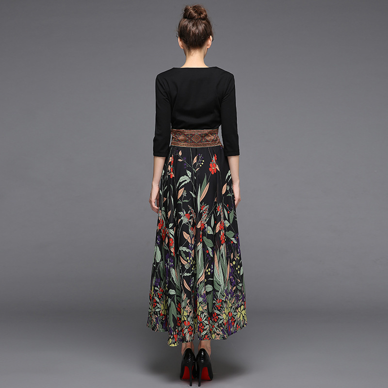 VKBN Spring and Summer Plus Size Dress Women Elegant Patchwork Printing Three Quarter Empire V-Neck Party Dress Fashion 210507