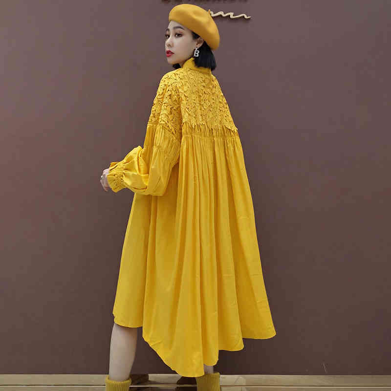 SHENGPLLAE Chic Lace Patchwrok Dress Women's Spring Lapel Large Size Single Breasted Long Sleeve Knee-length Dresses 210427