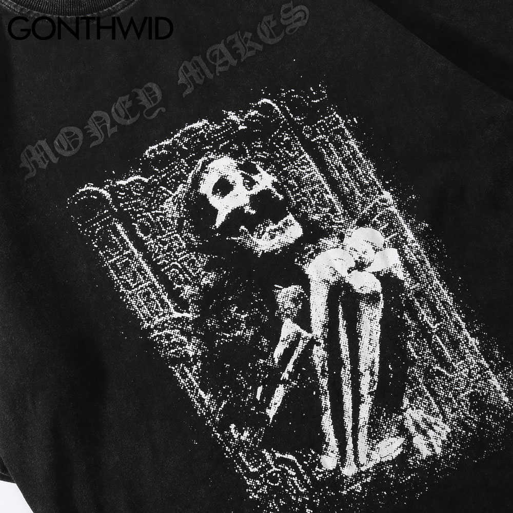 GONTHWID Streetwear Distressed T-Shirts Hip Hop Skeleton Skull Short Sleeve Tshirts Punk Rock Gothic Tees Shirts Harajuku Tops 210629