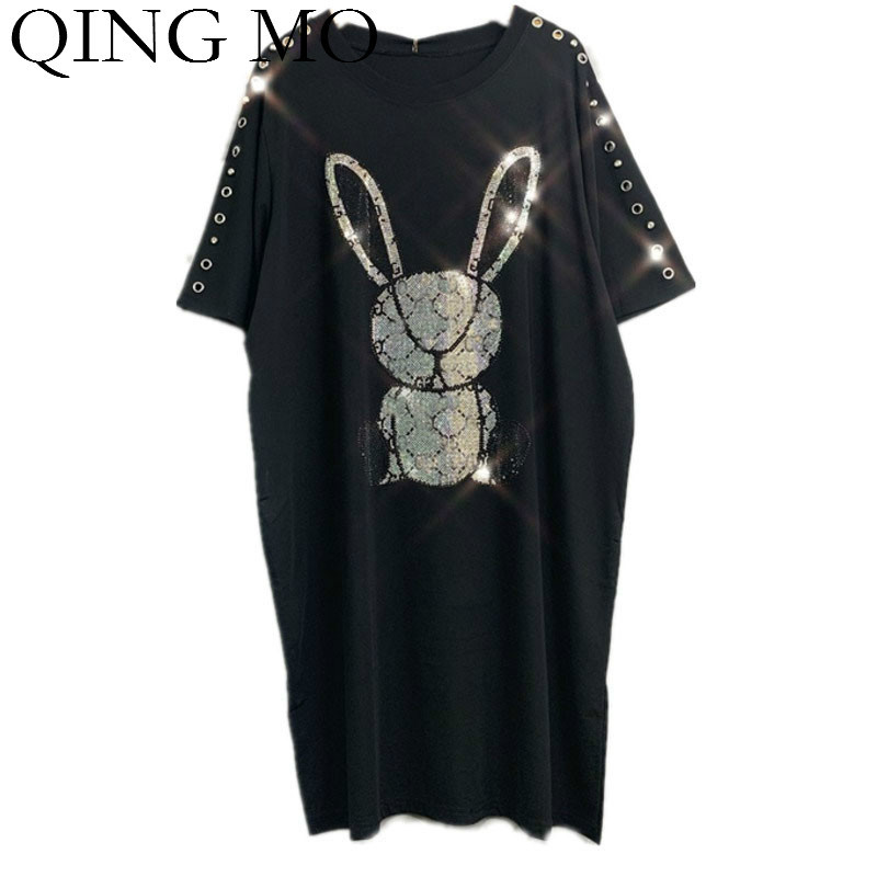 Women Summer Dress Animal Rabbit Print Dress Rhinestone Pattern Women Short Sleeve Black Dress Butterfly Hat Spring QF664 210331