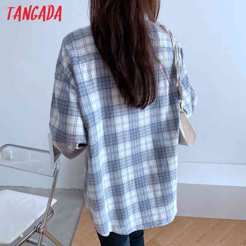 Women Blue Plaid Pattern Oversized Turn Down Collar Pocket Chic Female Casual Loose Shirt BA3 210416