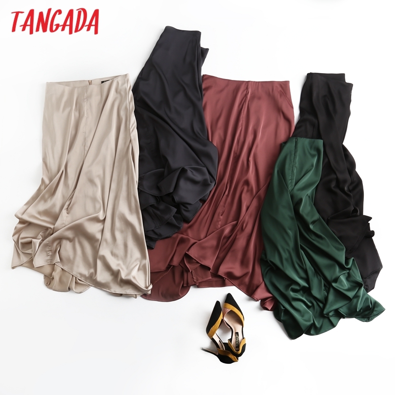 Women Solid Satin Midi Skirt Faldas Mujer Vintage Zipper Office Ladies Elegant Chic Skirts 6D41 210416