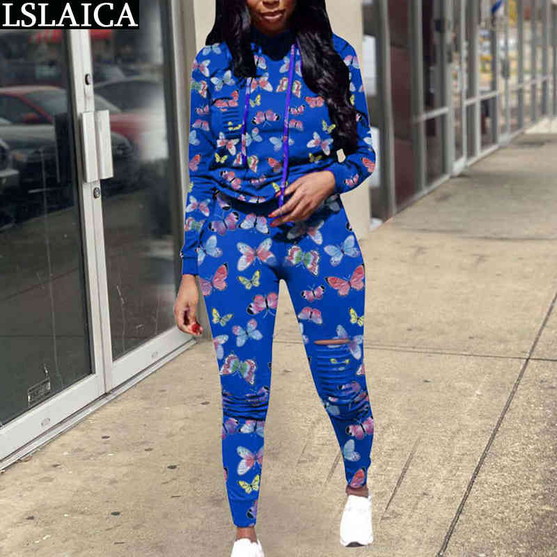 Fashion Two Piece Set Tracksuit Women Autumn Long Sleeve Hooded Sweatshirt Tops Hole Pants Sports Suit 210515