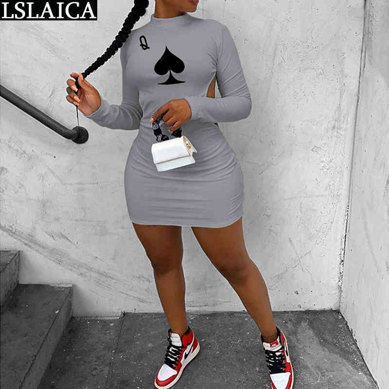 Sexy Dress Poker Print Backless Long Sleeve Stand Collar Mini Bodycon Fashion Club Autumn Vestido De Mulher 210515