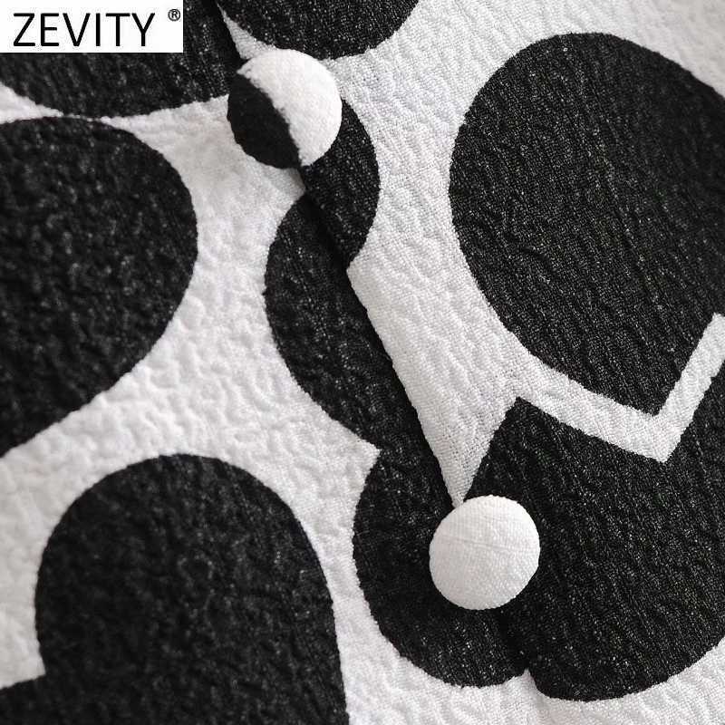 ZEVITY Women French Style Hearts Print Short Blouse Shirt Women Breasted Chic Office Femininas Blusas Crop Slim Tops LS9305 210603