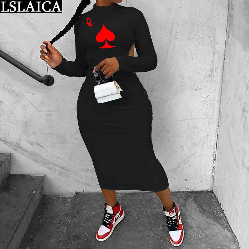 Sexy Dress Women Poker Print Autumn Stand Collar Backless Long Sleeve Hollow Bodycon Female Maxi Club Party Vestidos 210520