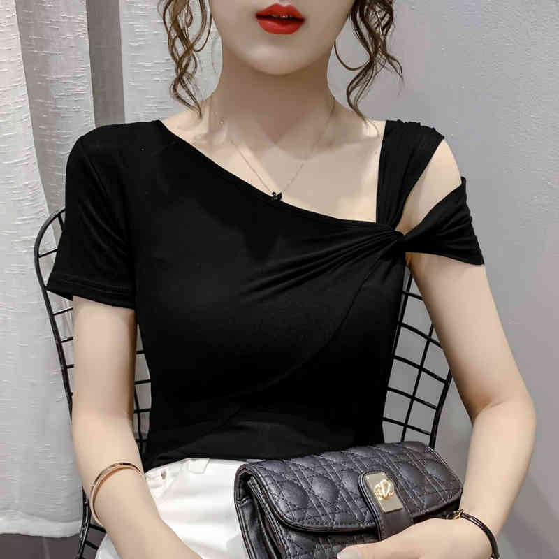 Korean Solid Asymmetrical Neck T shirts Summer Short-Sleeved T-shirt Women's clothes Slim TShirt Harajuku shirt 96i 210420