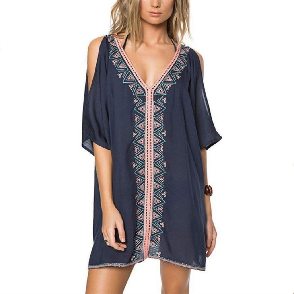 Embroidery Cotton Bathing suit Cover ups Tunics for Beach Robe de Praia Swim up Swimwear Women Beachwear #Q347 210420