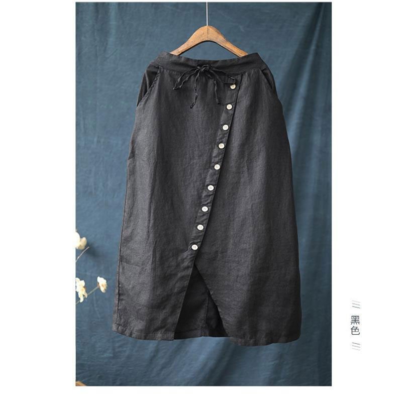 Summer Arts Style Women High Waist Casual Long Skirt Single-breasted 100% Linen Vintage Femme Saia Longa M290 210512