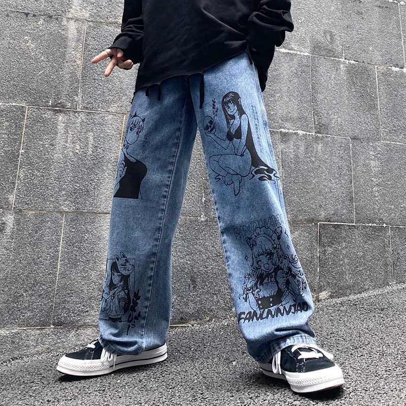 Washed Jeans Women Harajuku Anime Print Baggy Men's Streetwear Cotton Fashion y2k man Loose Wide Leg Pants 211009