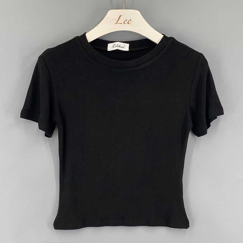 WOMENGAGA Korea Dark Blue Sexy Dew Belly Short Sleeve T-shirt Summer Top Big Bust Women T Shrits Tee XH8V 210603