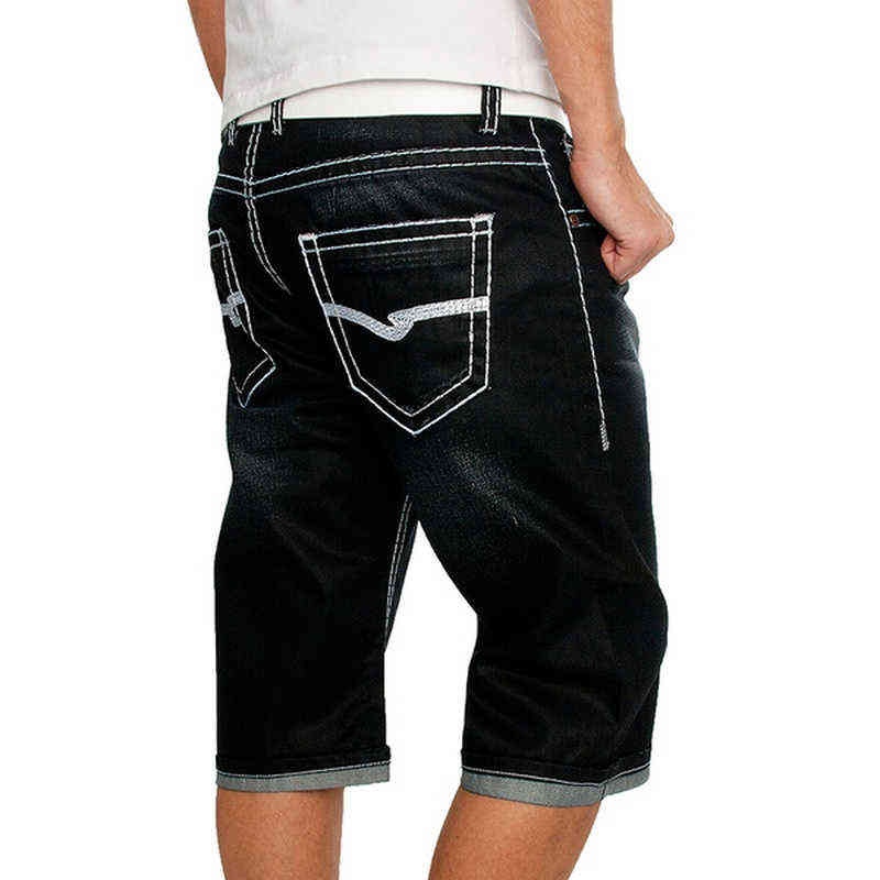 Men Jeans Shorts Summer Casual Straight Denim Shorts Streetwear Male Loose Knee Length Loose Jean Pants Black Blue Pocket 211120