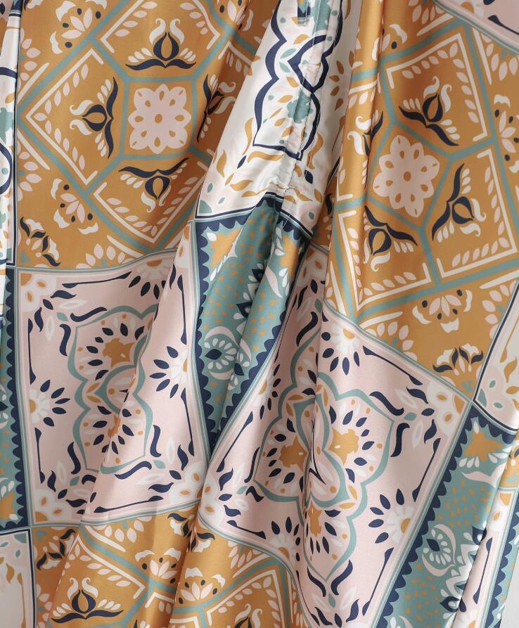 BOHO Big size Lacing up V neck Dropped Ruched Geometric Print Women Dress Holiday Bat Sleeve Satin Long Loose Dresses 210429