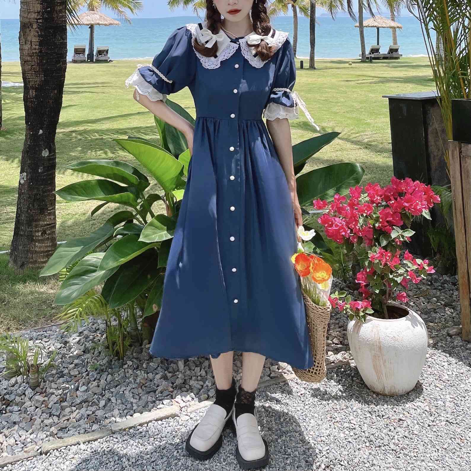 French Vintage Dresses Women Fashion Lace With Doll Collar Short Sleeve Elegant Single-Breasted Chiffon Dress Females 210519