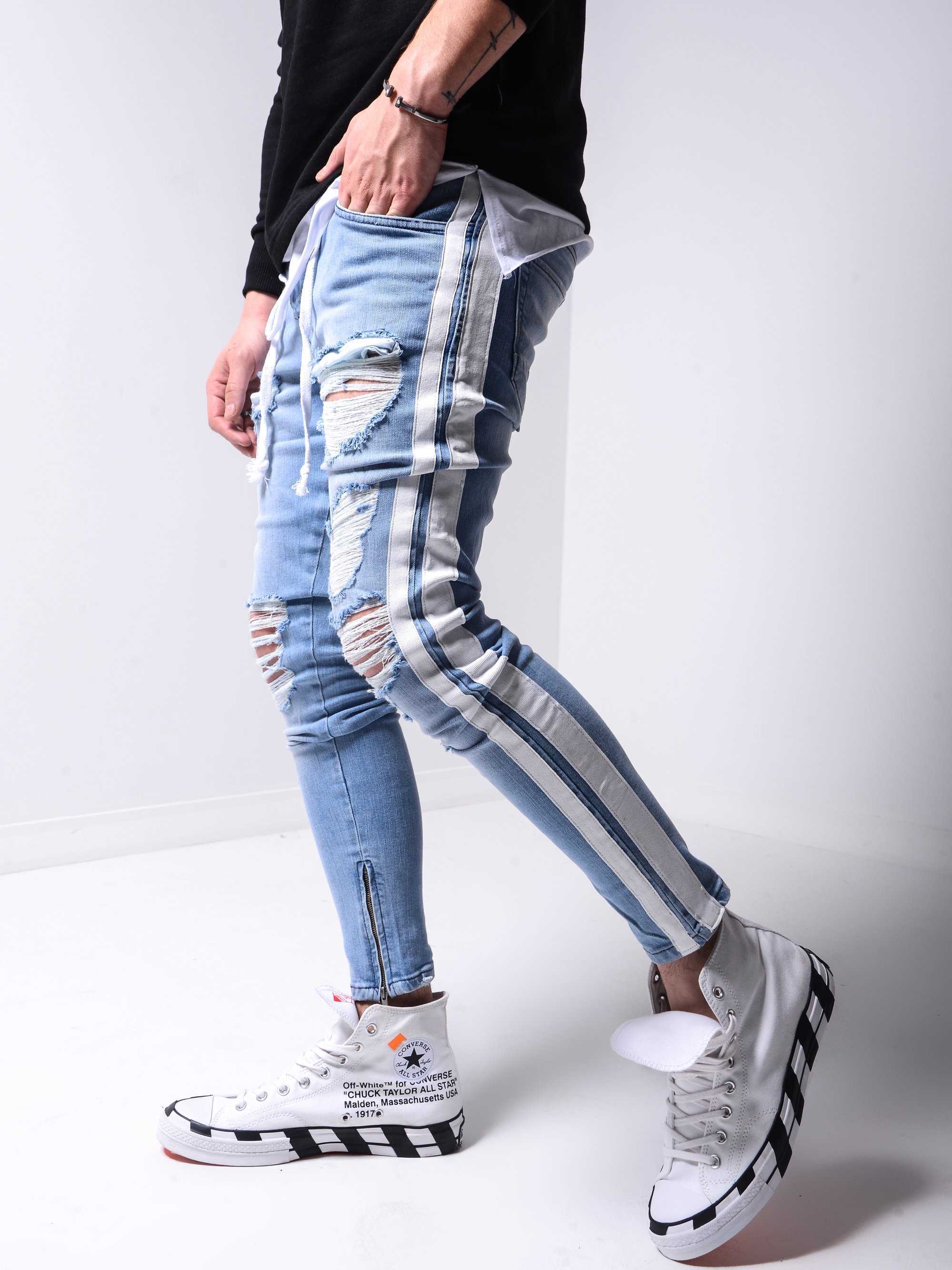 Blue Grey Tight Ripped Jeans Men Slim Foot Zipper Side Stripe Denim Male Stretchy Lace-Up Pencil Pants Street Knee Hole Trousers X0621
