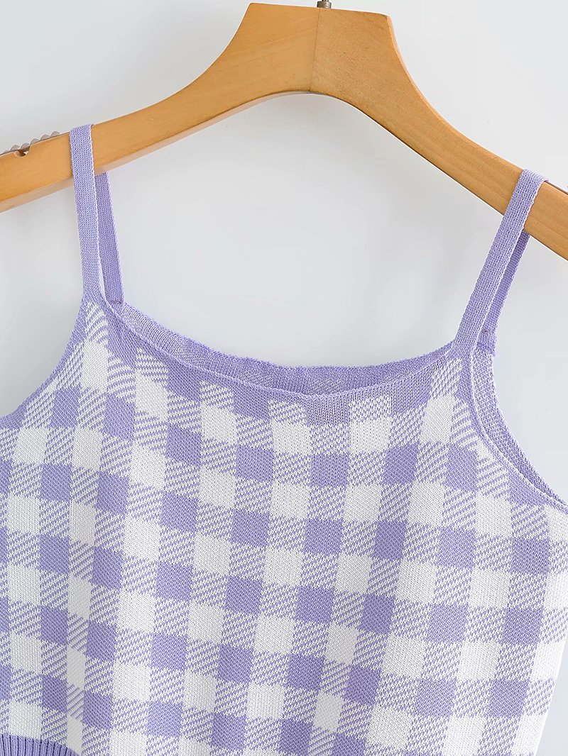 Small Fresh Word Collar Sleeveless Women Camisole Vintage Fashion Sweet Knitted Plaid Chic Female Tops 210507
