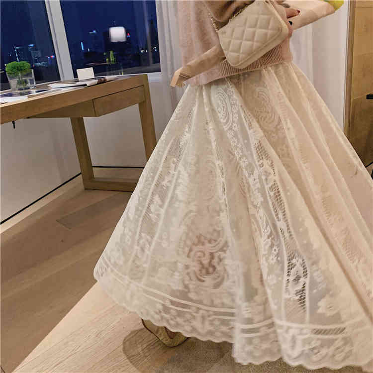Elastic High Waist Lace Skirts Womens Spring Autumn Korean Elegant Casual A-Line Black Long Mujer Faldas Female 210520