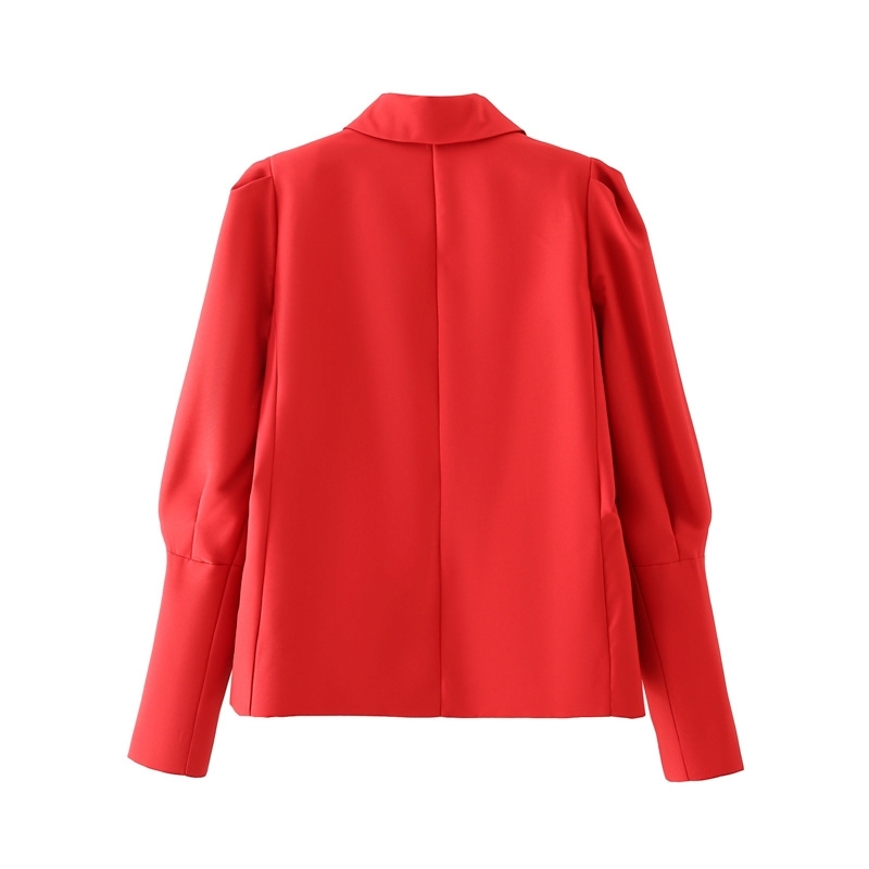 Elegant Women Red Puff Sleeve Blazers Fashion Ladies Pocket Jackets Streetwear Female Chic Notched Collar Coats 210430