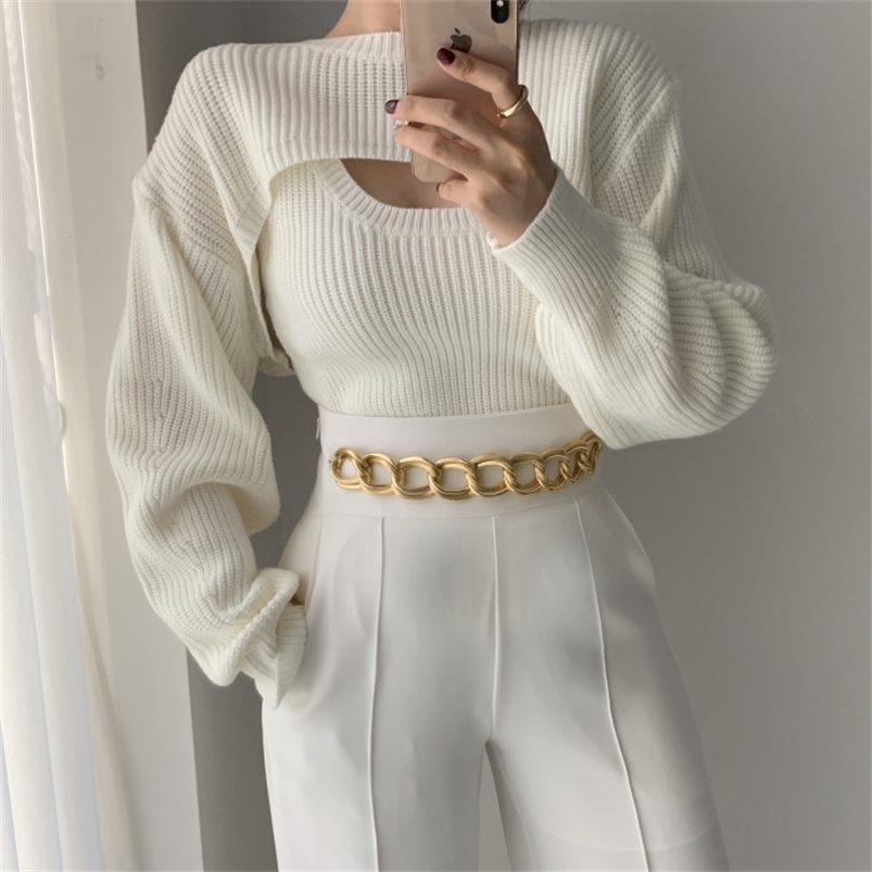 Korean Fashion Two Piece Set Women Long Sleeve Top + Sleeveless Vest s Sexy Ladies Matching 210805